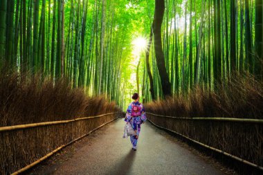 Arashiyama 'da Bambu Ormanı' nda geleneksel Kinono 'da bir kadınla. Japonya