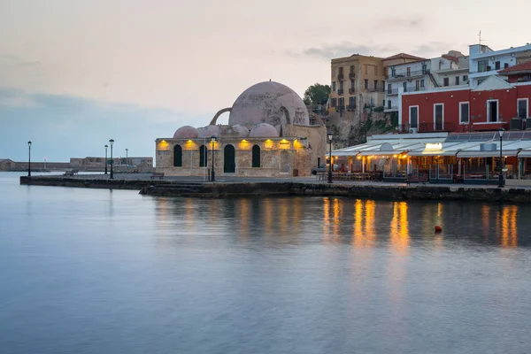 Vecchia Moschea Nel Porto Chania All Alba Sull Isola Creta — Foto Stock