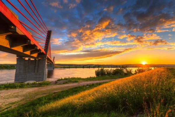 Coucher Soleil Sur Vistule Pont Suspendu Par Câble Kwidzyn Pologne — Photo