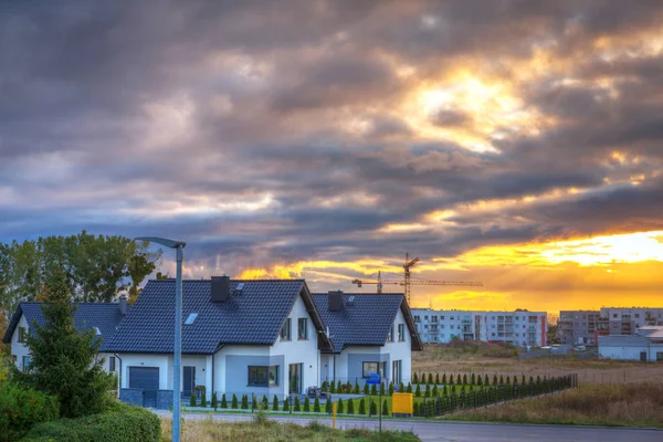Straße Mit Häusern Polen Bei Sonnenaufgang — Stockfoto