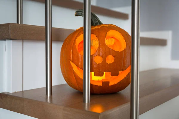 Halloween Pumpkin House Stairs Glowing Dark — Stock Photo, Image