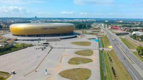 Gdańsk Polska Sierpnia 2019 Krajobraz Gdańska Pięknym Bursztynowym Kształtem Stadionu — Wideo stockowe