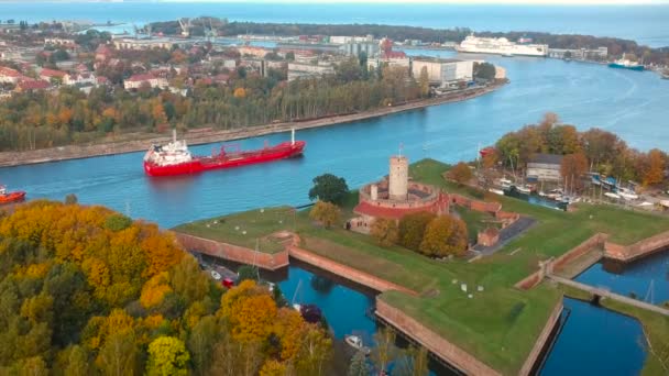 Gdansk Polonya Sonbahar Manzaralı Wisloujscie Kalesi Hava Görünümü — Stok video