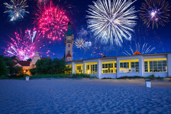 Fireworks Display Sopot Molo Pier Baltic Sea Poland — Stock Photo, Image
