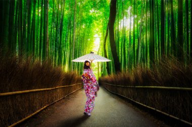 Geleneksel kinono ve şemsiyeli bir kadınla Arashiyama 'da bambu ormanı. Japonya