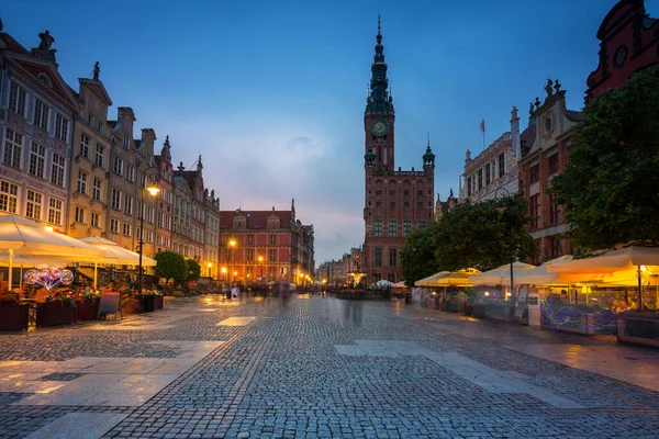 Longo Mercado Antiga Prefeitura Gdansk Entardecer Polônia — Fotografia de Stock