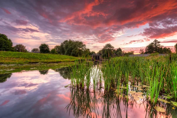 Schöner Sonnenuntergang Über Dem Teich Pruszcz Gdanski Polen — Stockfoto
