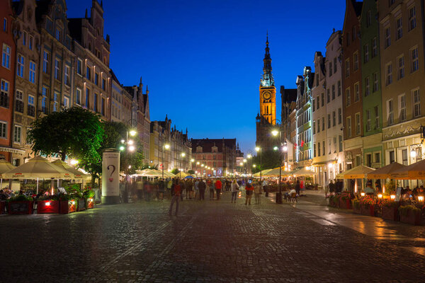 Gdansk, Poland - July 17, 2020: Architecture of the old town in Gdansk at nigh, Poland. Gdansk is the historical capital of Polish Pomerania with medieval old town architecture.