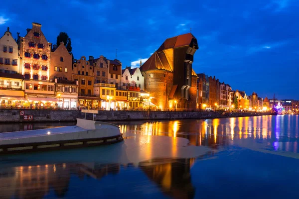 Csodálatos Építészet Gdansk Óvárosa Felett Motlawa Folyó Éjjel — Stock Fotó