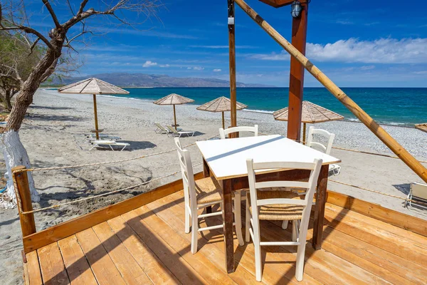 Empty Restaurant Tables Maleme Beach Crete Greece — Stock Photo, Image