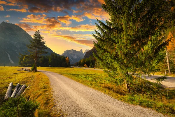 Idylliska Bergsvägen Genom Dolomiterna Vid Solnedgången Italien — Stockfoto