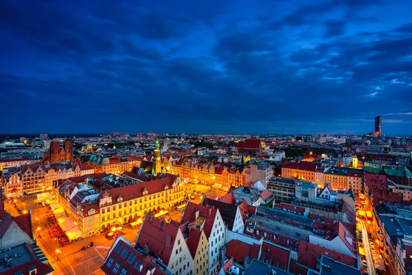 Gyönyörű Építészet Óvárosi Piac Téren Wroclaw Éjjel Lengyelország — Stock Fotó