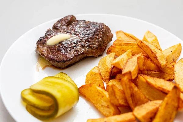 Grilled Beef Steak French Fries Plate — Stock Photo, Image