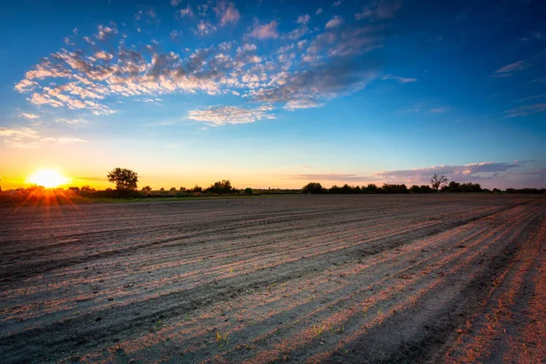 Vackert Landskap Ett Plogat Fält Vid Solnedgången Polen — Stockfoto