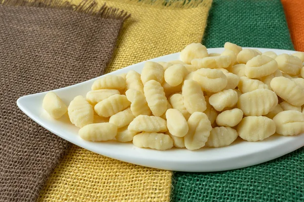 Uncooked Homemade Potato Gnocchi White Bowl — Stock Photo, Image