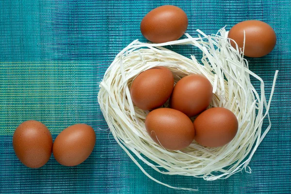 Eggs Lie Decor Form Nest Eggs Lie Artificial Nest Blue — Stock Photo, Image