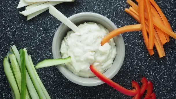 Vegetable Sticks Dips Bowl Healthy Vegetables Dip Snack — Stock Video