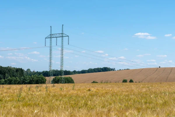 Linie Energetyczne Wysokiego Napięcia Powyżej Pola Pszenicy — Zdjęcie stockowe