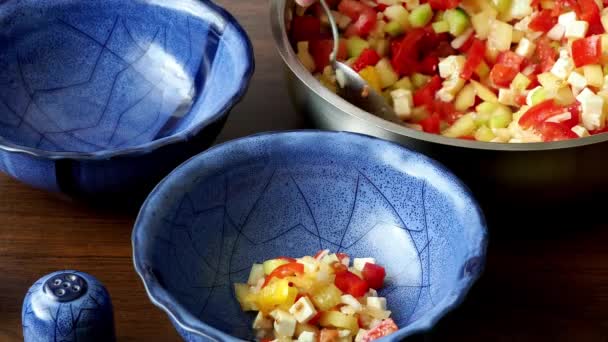 Köstlicher Salat Mit Feta Käse Tomaten Gurken Paprika Und Zwiebeln — Stockvideo
