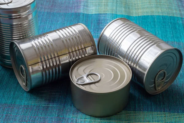 Tin Cans Food Conserved Food Closeup Group Aluminium Cans — Stock Photo, Image