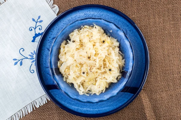 Sauerkraut Blue Bowl Fresh Healthy Sauerkraut — Stock Photo, Image