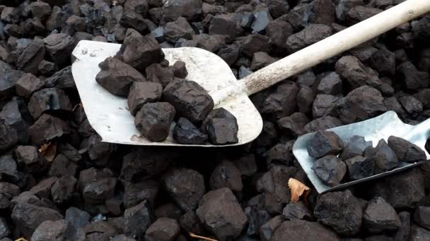 Kürek Kömür Bir Kürek Linyit Muhafazası Ile Kahverengi Kömür Yığını — Stok video