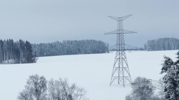 Bouw Van Hoogspanning Pylonen Winter Geassembleerde Macht Transmissie Wordt Ondersteund — Stockvideo