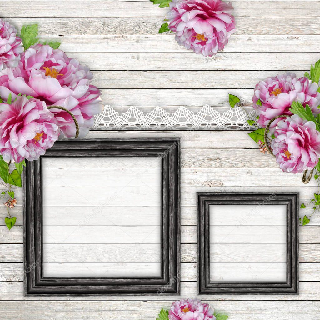 Vintage wooden background with beautiful pink peonies and lace  