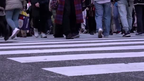 Fødder af mennesker krydser den berømte Shibuya kryds om aftenen – Stock-video