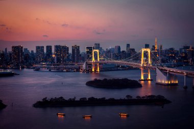 Japonya'da gece Tokyo Kulesi ve Gökkuşağı Köprüsü ile Tokyo silueti