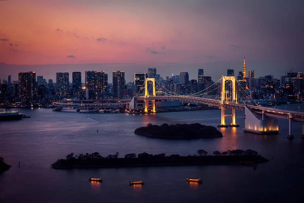 東京のスカイライン、夜の東京タワーとレインボーブリッジ — ストック写真