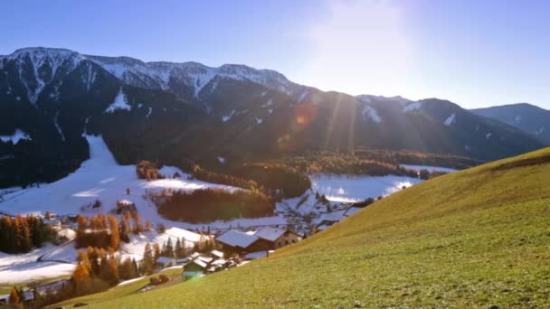 Panoramic view of St. Maddalena village, Dolomites, Italy — Stock Video