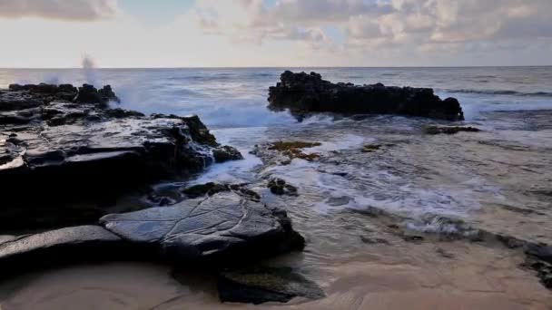Onde che si infrangono su rocce vicino alla spiaggia di sabbia, Oahu, Hawaii — Video Stock