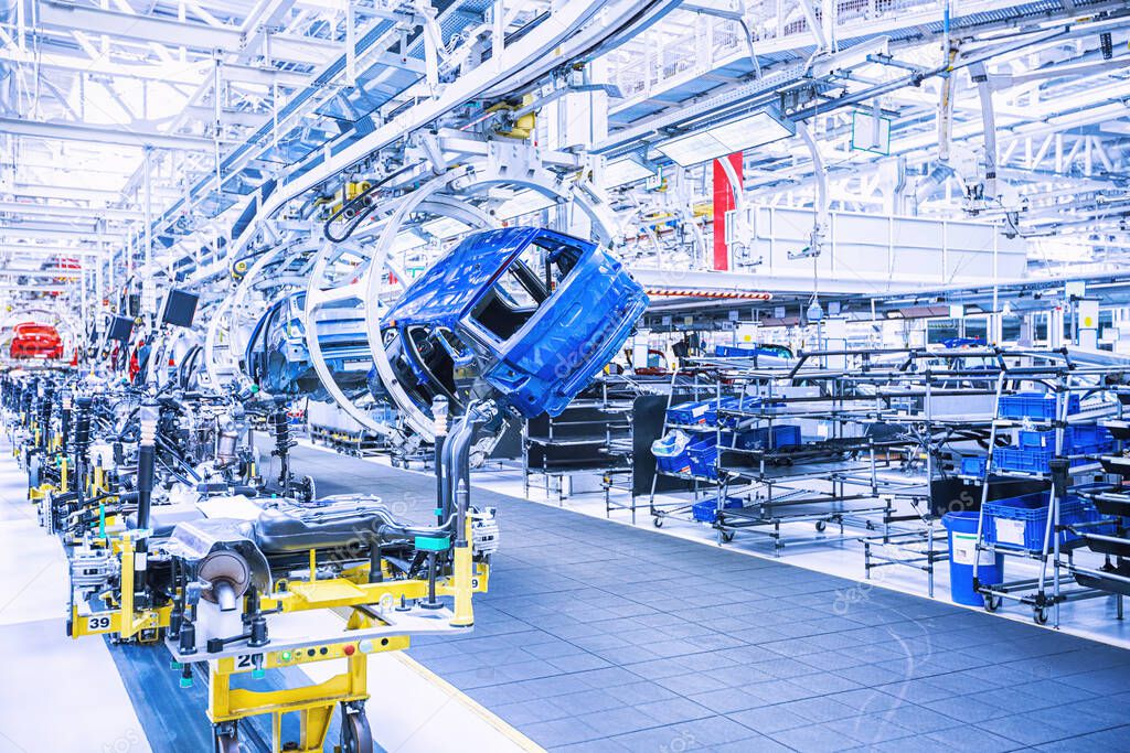 Assembling cars on conveyor line