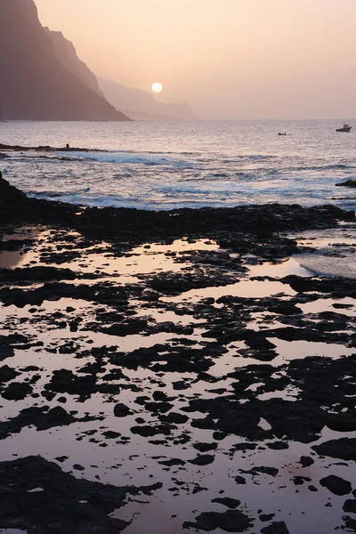 Atardecer Cabo Verde Playa Rocosa Isla Santo Antao Montañas Océano — Foto de Stock