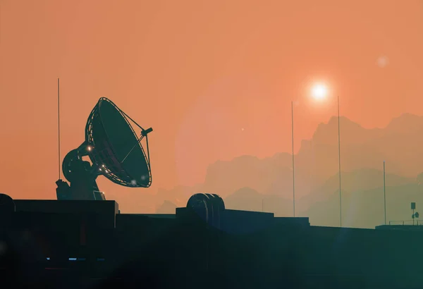Satellite antenna dish silhouette of the space base on Mars — Stock Photo, Image