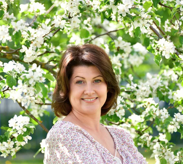 Smiling Woman Blooming Apple Tree — Stock Photo, Image