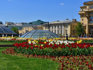 Moscow, Rusya Federasyonu - 12 Mayıs. 2018 Manezhnaya Meydanı bahar renkleri.