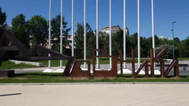 モスクワ, ロシア連邦 - 5 月 22 日。2018 公園 Sadovniki の入口近くの美術のインストール — ストック動画