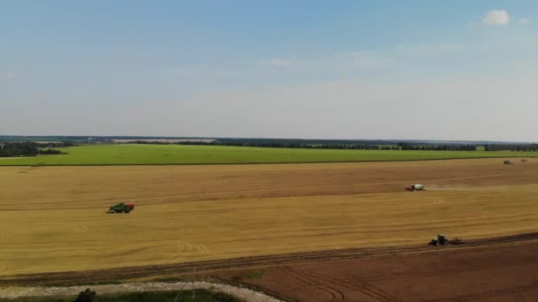 Top visning af høstmaskiner i marken, Rusland – Stock-video