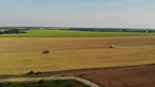 Top visning af høstmaskiner i marken, Rusland – Stock-video