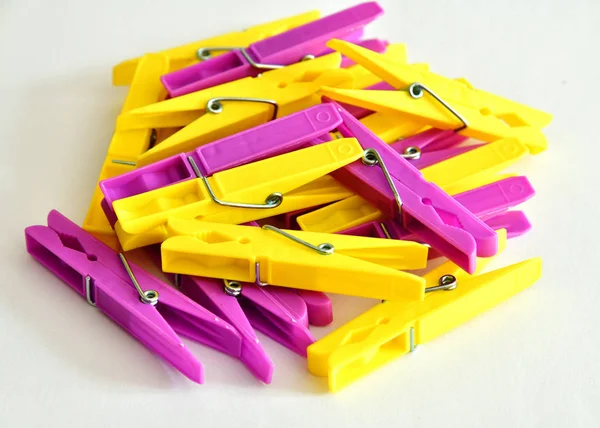 Yellow Pink Linen Clothespins Light Background — Stock Photo, Image