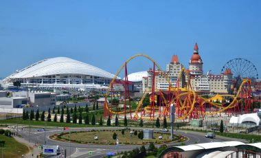 Sochi, Russia - June 5. 2018 stadium fish and Amusement park in the Imereti Bay clipart