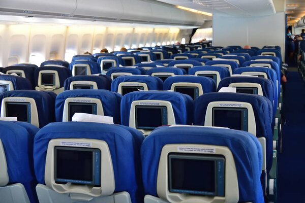 Москва, Россия - 6 июня. 2018. в салоне самолета Боинг 747-8 авиакомпания "Россия"
