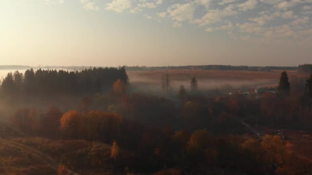 Flying over countryside on a foggy morning in Russia — Stock Video