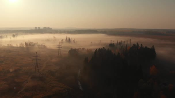Penerbangan di pagi hari berkabut di luar kota di Rusia — Stok Video