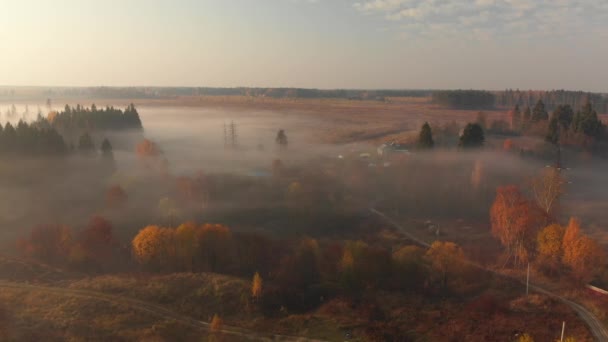 Vol tôt le matin brumeux en dehors de la ville en Russie — Video