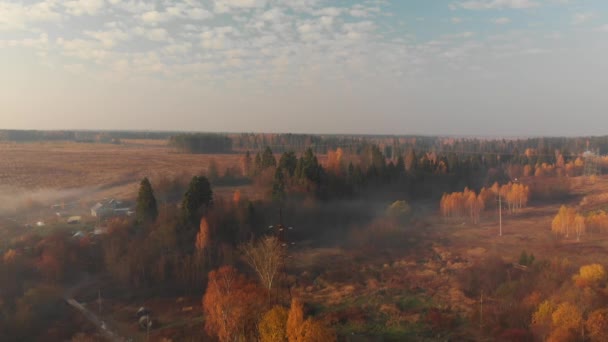 Осенняя сельская местность туманным утром в России — стоковое видео