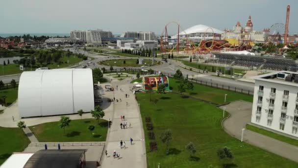 Sochi, Russia - May 31. 2018 Flight above Sochi Park Hotel in Adler — Stock Video