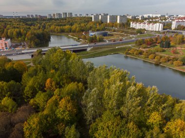 Zafer park su birikintisi sonbaharda Moskova Zelenograd, Rusya